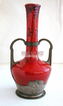 Orivit Cologne Art Nouveau red ceramic vase pewter mount 2502