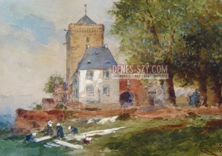 Carl Ruedell, Women Bleaching Laundry in Zons am Rhein, water colour
