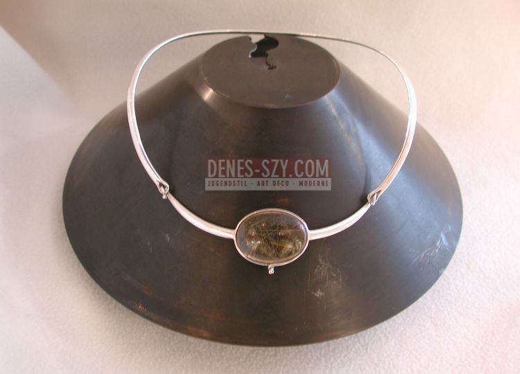 Torun, Georg Jensen silver Jewelry, neck ring, smoke quartz drop Copenhagen 1974