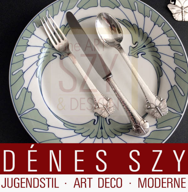 Frigast, Art Nouveau butterfly pattern sterling silver cutlery, large berry serving spoon 1920