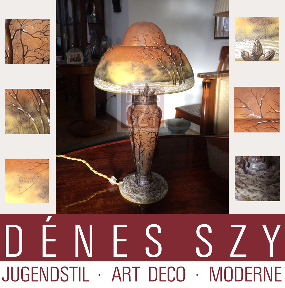 Jugendstil Tisch Lampe mit Winterlandschaft von DAUM Nancy ca. 1900