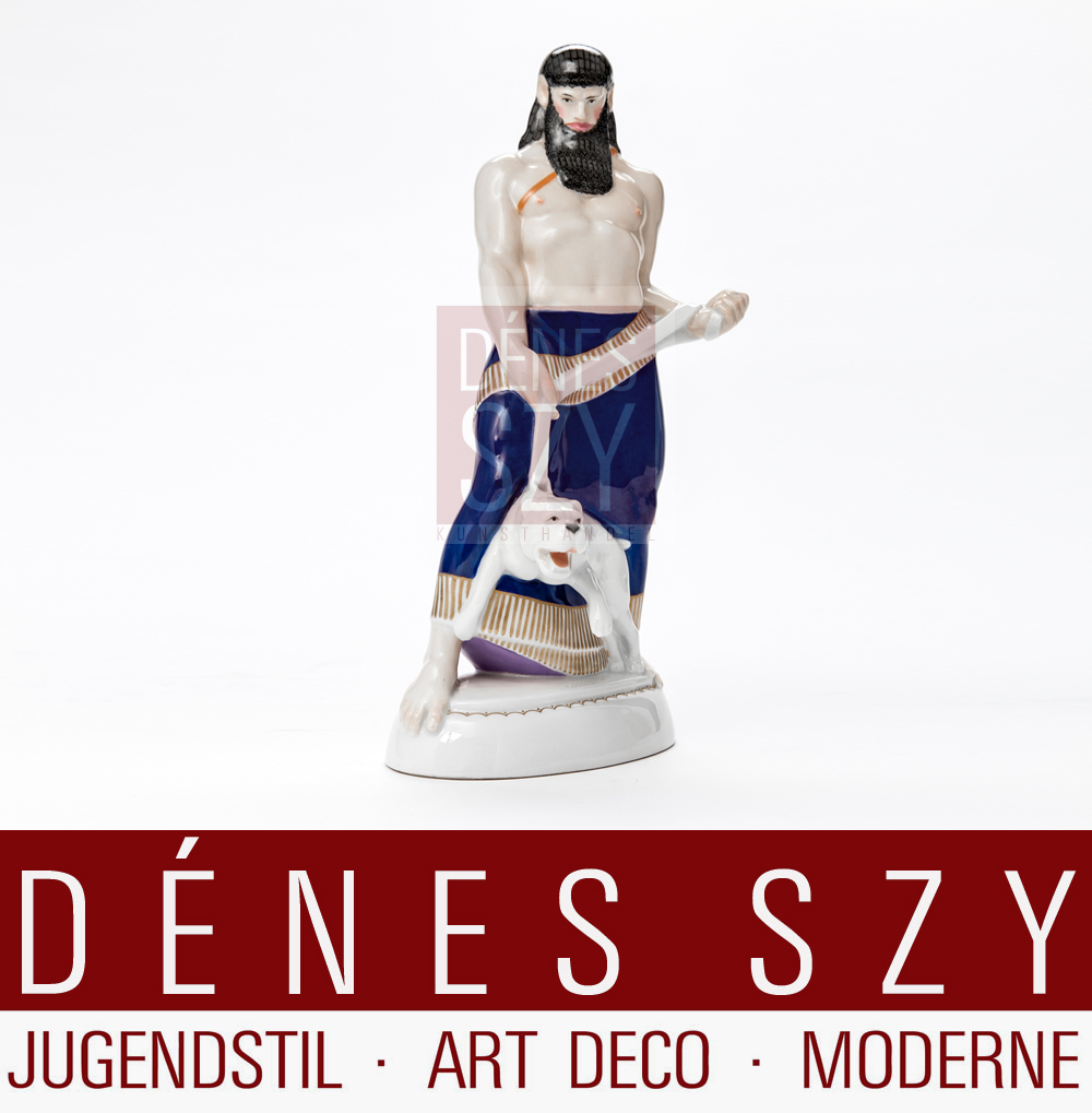 Porzellanfigur Assyrer mit Hund auf niedrigem Sockel, entworfen von Adolph Amberg für die Hochzeit des preussischen Kronprinzenpaares 1904/1905