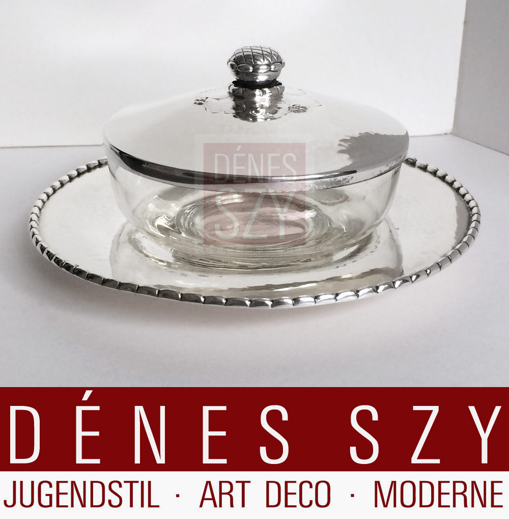 scatola di caviale in cristallo e argento Sterling di Georg Jensen