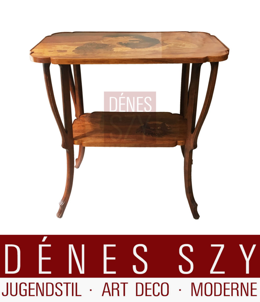 Emile Galle Art Nouveau tavolino da centro intarsiato con gatti