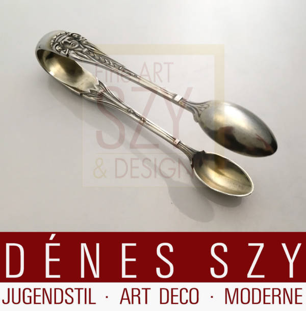 Peter Bruckman and Sons Silversmiths, Design Otto Rieth for The World Exhibition Paris 1900, German Art Nouveau silver cutlery, serving piece, pair of sugar tongs, gilt.