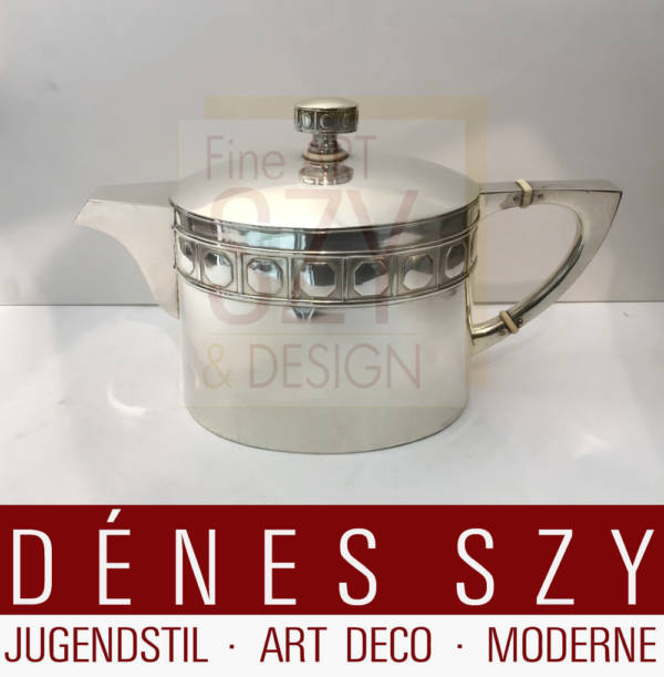 Art Nouveau teapot with geometric decor, Execution: Vienna, Austria approx. 1910, silver 800, Hallmarks: maker's mark (not yet dissolved) and Diana's head