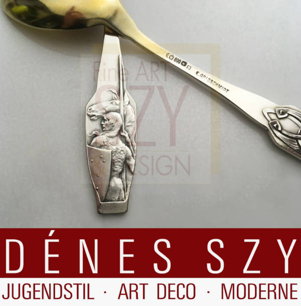 Ice cream spoon, motif Siegfried, Design: Adolph Amberg 1900, Wagner series, historicism, Execution: Peter Bruckmann and Sons, Heilbronn, Germany, Silver 800, partially gilded