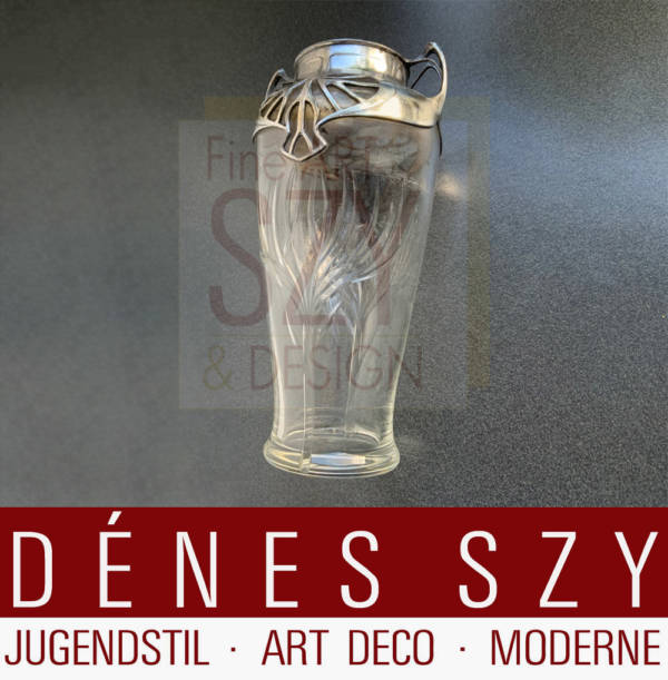 Art Nouveau two-handled vase # 2416, ORIVIT Art Nouveau pewter vase, Execution: Orivit AG, Coeln-Braunsfeld around 1904, Germany, Orivit metal, silver-plated pewter, crystal glass