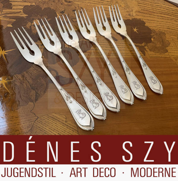 Fish fork, German silver Art Nouveau cutlery, Pattern: Bremen lily, model no. 25600, Design: Hugo Leven 1900, Execution: Koch & Bergfeld, Germany Bremen, silver 800