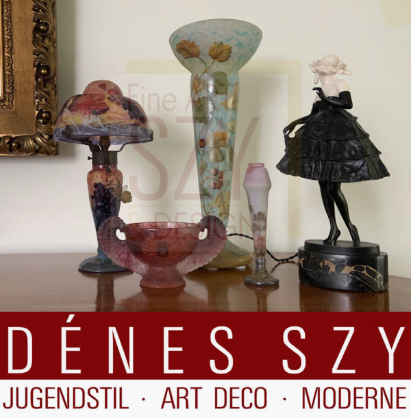 Daum Nancy, Argy Rousseau Jugendstil Glas Lampe, Vase, Schale