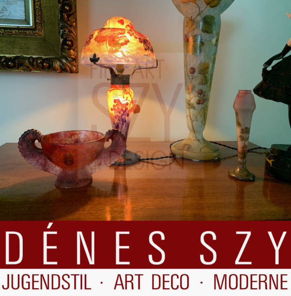 Daum Nancy, Argy Rousseau Jugendstil Glas Lampe, Vase, Schale