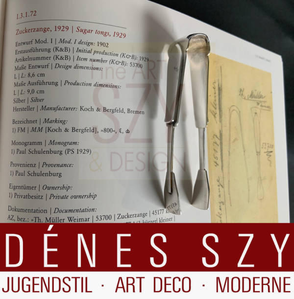 Jugendstil Zuckerzange, kleine Variante, Entwurf: Henry van de Velde um 1903, Modell I, Koch und Bergfeld, Bremen ca. 1929, Silber 925