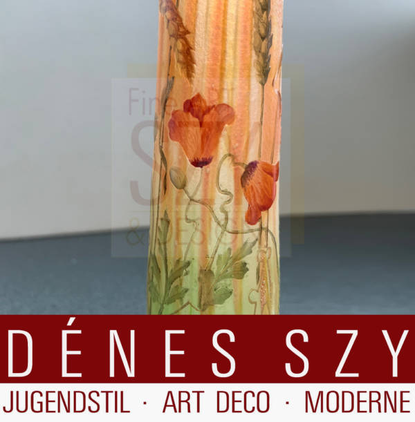 Jugendstil Kameo Glas Vase Wheat and Poppy, Daum Frères Nancy, Frankreich um 1900, geschnitten und geätzt, gold gehöht
