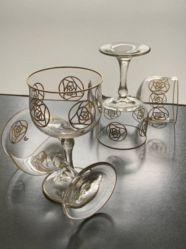 Hans Christiansen, Jugendstil Trinkglas, Weinglas, Goldene Darmstädter Rose, Theresienthaler Krystallglasfabrik Egon von Poschinger um 1903