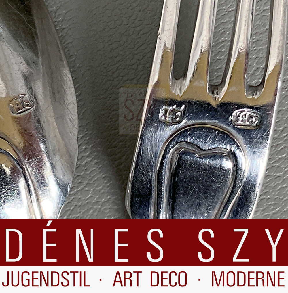 Kölner Dessertbesteck, Silber 13 Loth, Dessertbesteck, Loeffel und Gabel, Muster Augsburger Faden, Koeln 1792-1806