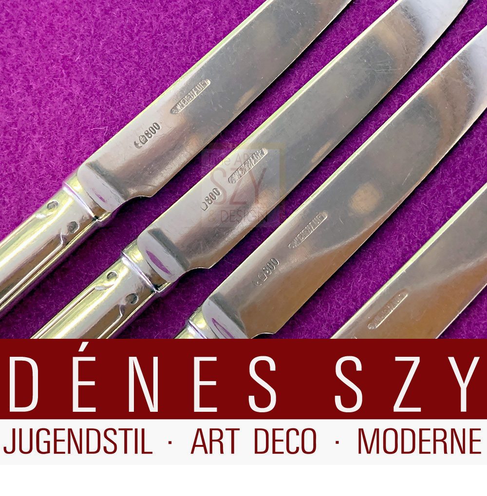 Carl Weishaupt, Design Richard Riemerschmid, M 350, Art Nouveau silver cutlery 800s, fruit knife set, 12x