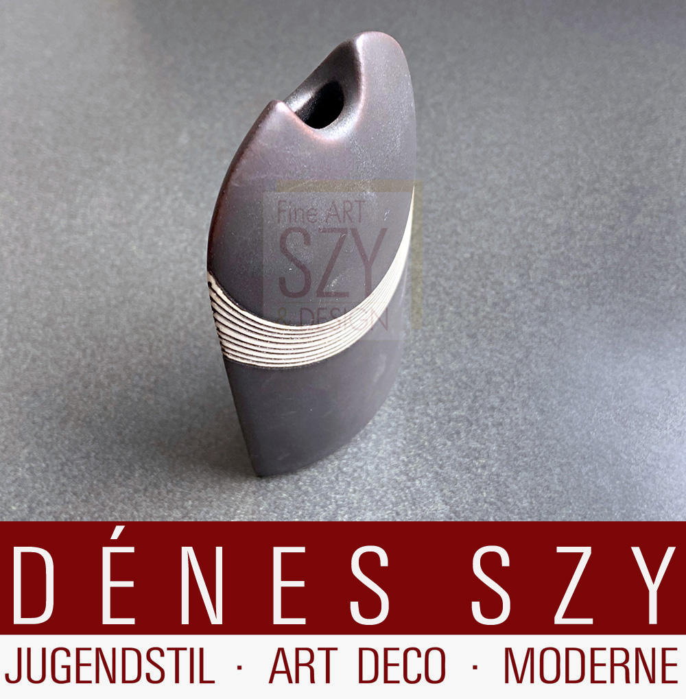 German Studio Ceramics, Vase, strict geometric form, black and white, Architectural arched form as siluette, gateway or sun and moon by Karl and Ursula Scheid 1977