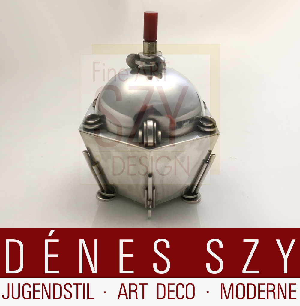 Scatola decorativa esagonale Bauhaus con pomello in bachlite, Design ed esecuzione: Germania 1928-30 circa, argento 800 con doratura interna, Circolo di Friedrich Schmid-Riegel, Norimberga, Germania (?)