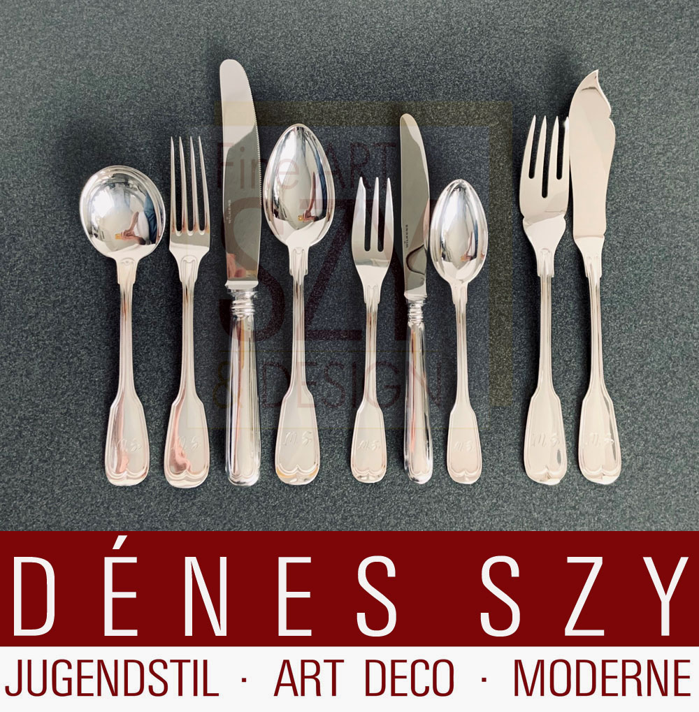 Servizio posate in argento per 6/12 persone, 104 pezzi, Modello Augsburger Faden, Esecuzione: M. H. Wilkens und Soehne, Brema (dal 1810) Germania, argento 800