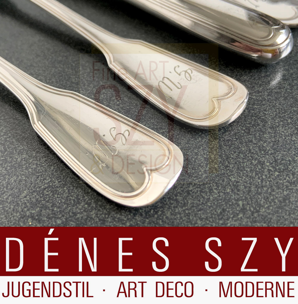 Servizio posate in argento per 6/12 persone, 104 pezzi, Modello Augsburger Faden, Esecuzione: M. H. Wilkens und Soehne, Brema (dal 1810) Germania, argento 800