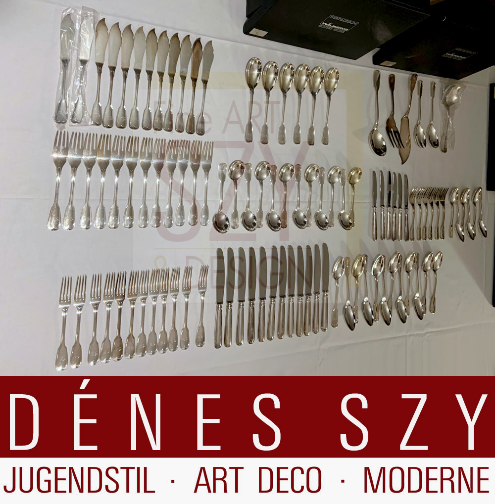Servizio posate in argento per 6/12 persone, 104 pezzi, Modello Augsburger Faden, Esecuzione: M. H. Wilkens und Soehne, Brema (dal 1810) Germania, argento 800