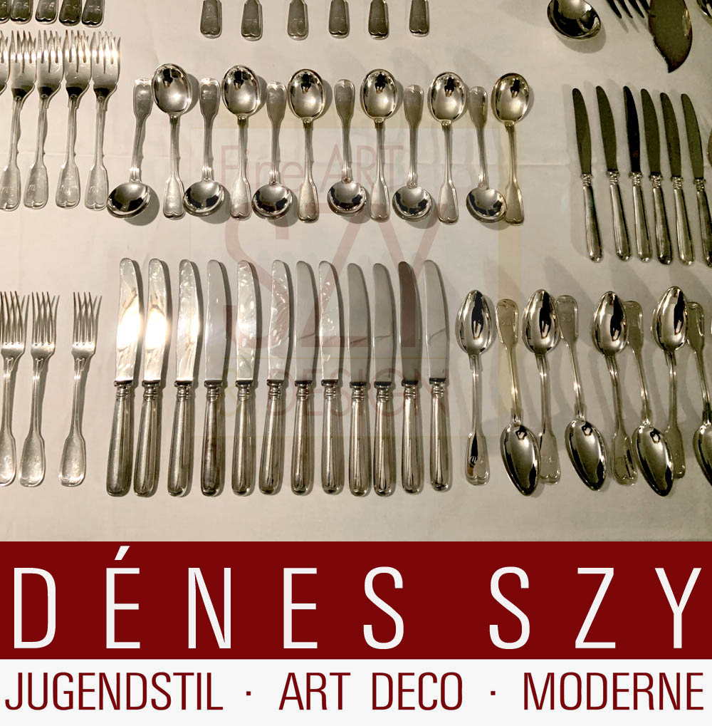 Silberbesteck Set für 6/12 Personen, 104 Teile, Muster Augsburger Faden, Ausführung: Silberwarenmanufaktur M. H. Wilkens und Soehne, Bremen (seit 1810) Deutschland, Silber 800, nahezu unbenutzt! Monogramm GW