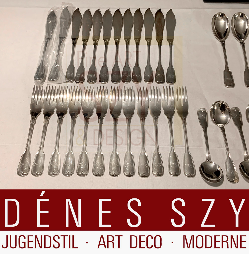Silberbesteck Set für 6/12 Personen, 104 Teile, Muster Augsburger Faden, Ausführung: Silberwarenmanufaktur M. H. Wilkens und Soehne, Bremen (seit 1810) Deutschland, Silber 800, nahezu unbenutzt! Monogramm GW