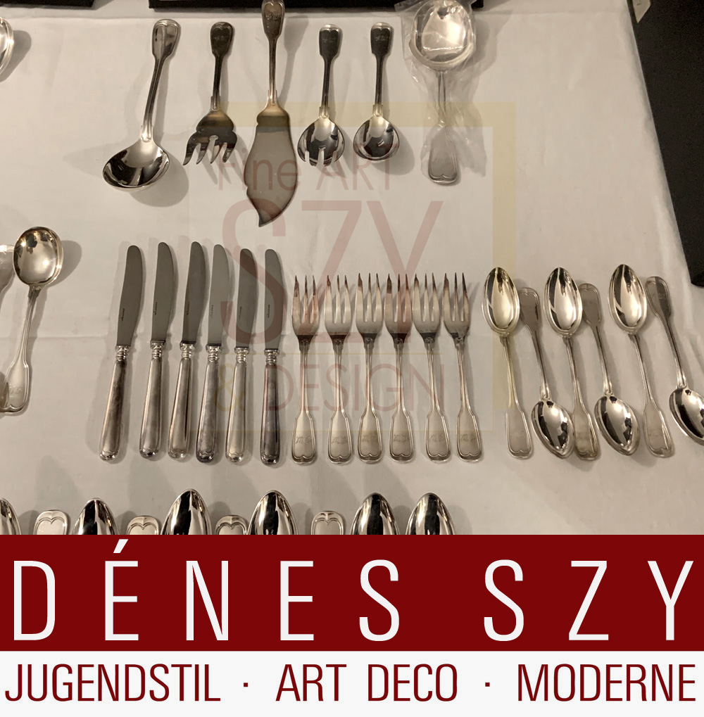 Silberbesteck Set für 6/12 Personen, 104 Teile, Muster Augsburger Faden, Ausführung: Silberwarenmanufaktur M. H. Wilkens und Soehne, Bremen (seit 1810) Deutschland, Silber 800, nahezu unbenutzt! Monogramm GW