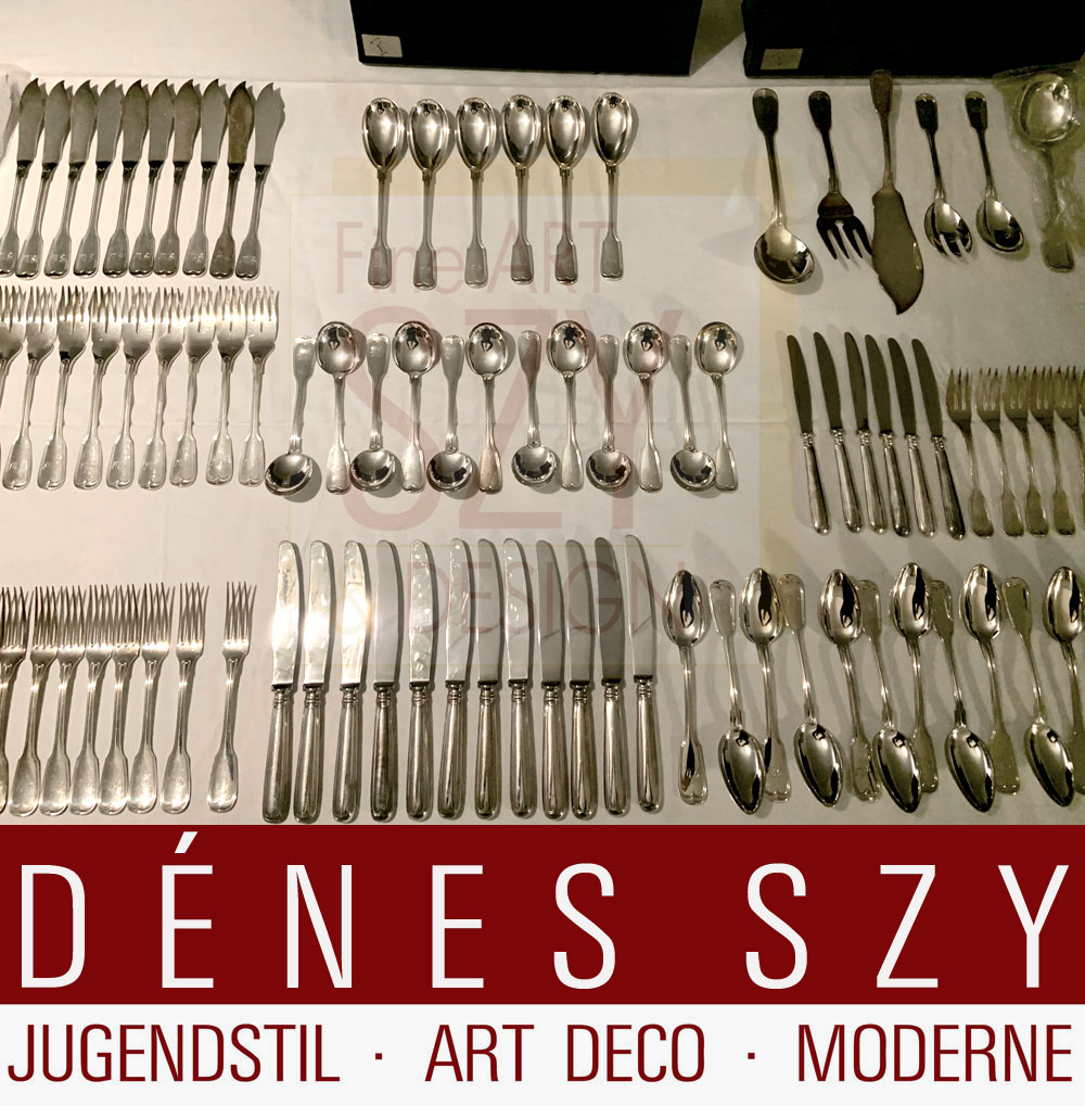 Silberbesteck Set für 6/12 Personen, 104 Teile, Muster Augsburger Faden, Ausführung: Silberwarenmanufaktur M. H. Wilkens und Soehne, Bremen (seit 1810) Deutschland, Silber 800, nahezu unbenutzt! Monogramm GW