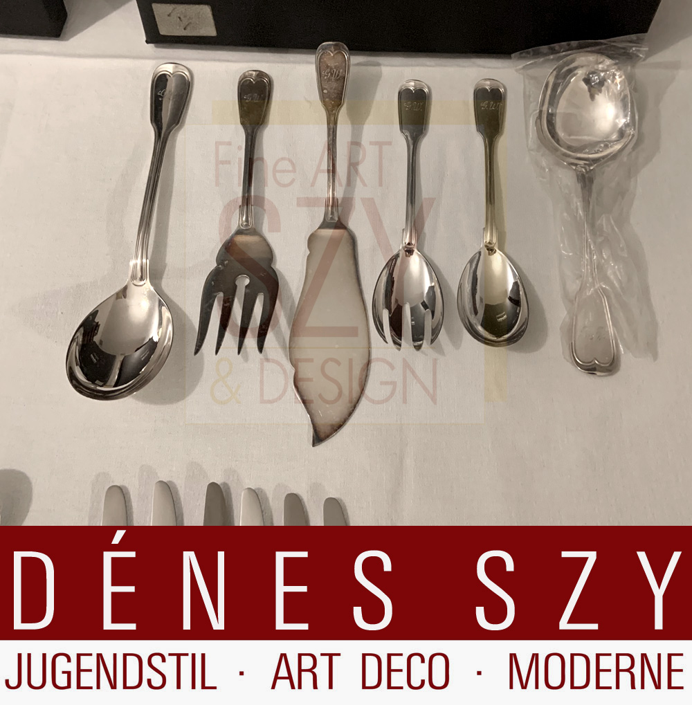 Silberbesteck Set für 6/12 Personen, 104 Teile, Muster Augsburger Faden, Ausführung: Silberwarenmanufaktur M. H. Wilkens und Soehne, Bremen (seit 1810) Deutschland, Silber 800, nahezu unbenutzt! Monogramm GW