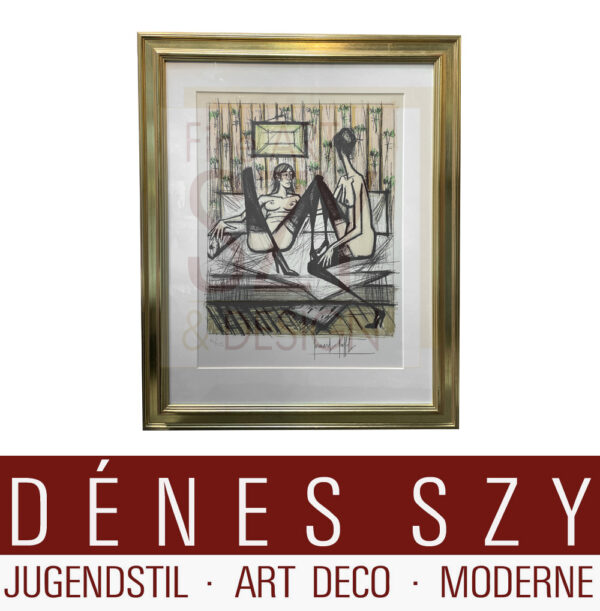 Bernard Buffet [Tour di Parigi 1928-1999, Francia], Litografia a colori su carta vergellata "Deux femmes nues dans un lit", Firmato e numerato sotto Bernard Buffet, copia 16/250