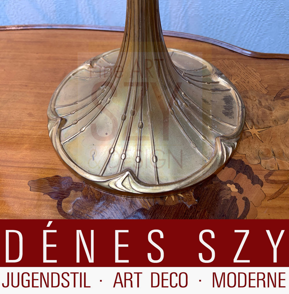 Coppia di candelieri Art Nouveau 5 fiamme #5415, Design ed esecuzione: Bitter & Gobbers Metallwarenfabrik, Krefeld Germania intorno al 1900-10, Stagno, placcato in rame e placcato in oro, Modello n. 5415