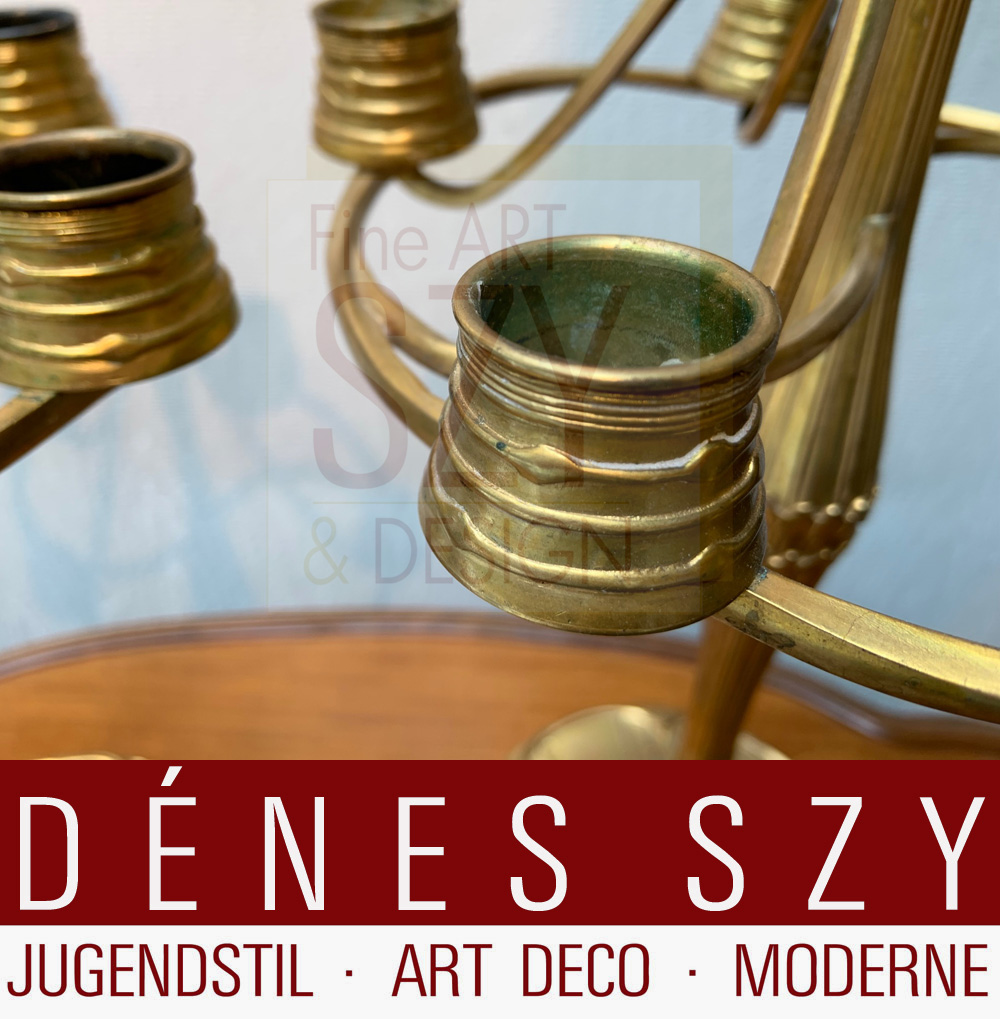 Coppia di candelieri Art Nouveau 5 fiamme #5415, Design ed esecuzione: Bitter & Gobbers Metallwarenfabrik, Krefeld Germania intorno al 1900-10, Stagno, placcato in rame e placcato in oro, Modello n. 5415