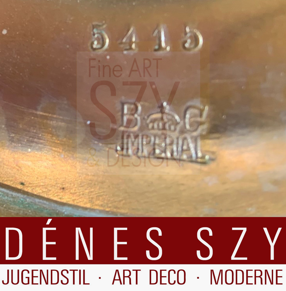 Coppia di candelieri Art Nouveau 5 fiamme #5415, Design ed esecuzione: Bitter & Gobbers Metallwarenfabrik, Krefeld Germania intorno al 1900-10, Stagno, placcato in rame e placcato in oro, Modello n. 5415
