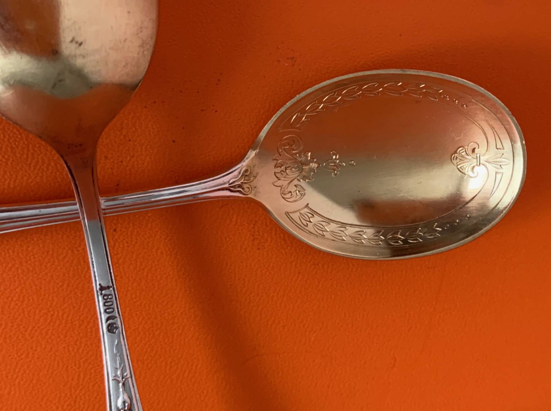 Ice cream spoon, compote spoon, Art Nouveau silver cutlery, Pattern: Lily of Bremen, model no. 25600, Design by Hugo Leven ca. 1900, Silversmithy Koch and Bergfeld, Bremen, Germany silver 800 , engraved and partly gold-plated.