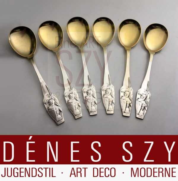 6 cucchiai da gelato, motivo Siegfried, Design: Adolph Amberg 1900, storicismo, Esecuzione: Peter Bruckmann et figli, Heilbronn, Germania, Argento 800, parzialmente dorato