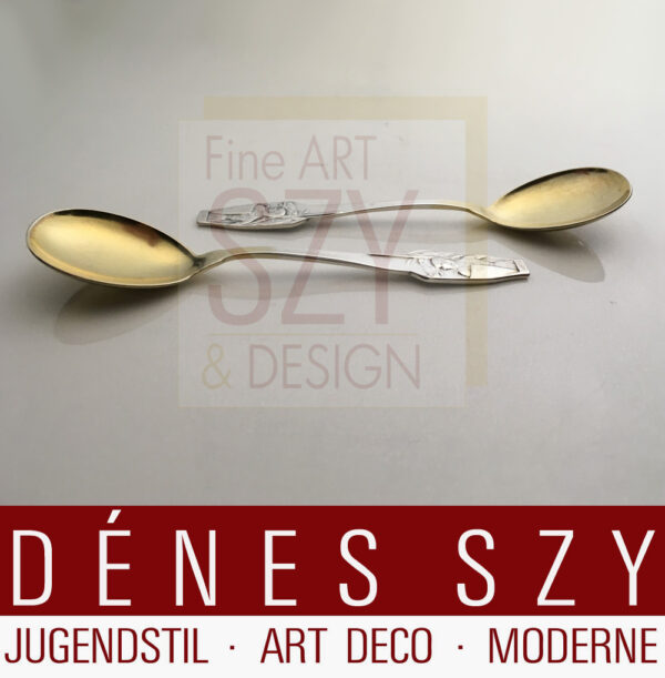 Cucchiaio da gelato, motivo Siegfried, Design: Adolph Amberg 1900, Esecuzione: Peter Bruckmann e figli, Heilbronn, Germania, Argento 800, parzialmente dorato