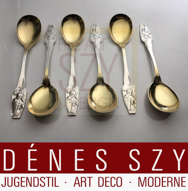 6 cucchiai da gelato, motivo Siegfried, Design: Adolph Amberg 1900, storicismo, Esecuzione: Peter Bruckmann et figli, Heilbronn, Germania, Argento 800, parzialmente dorato