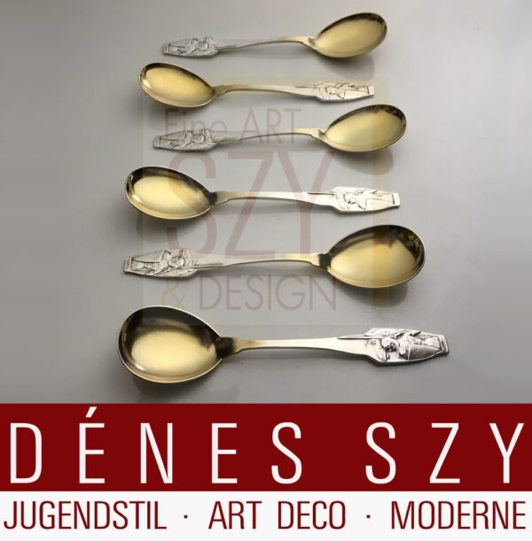 6 cucchiai da gelato, motivo Siegfried, Design: Adolph Amberg 1900, storicismo, Esecuzione: Peter Bruckmann et figli, Heilbronn, Germania, Argento 800, parzialmente dorato