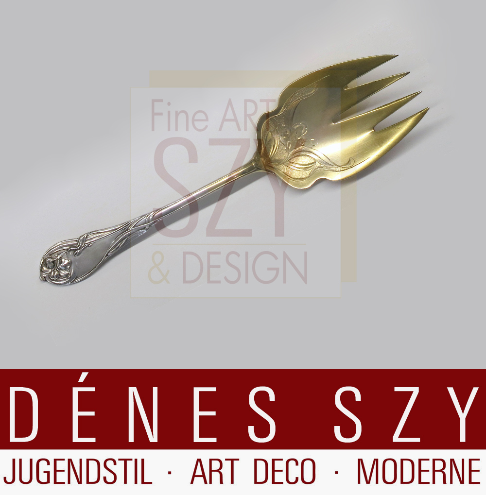 Forchetta da servizio con ciotola incisa e dorata per la Fiera mondiale di Parigi del 1900. Modello numero. 2401, Modello Iris. Posate d'argento in stile liberty tedesco, Design ed esecuzione: P. Bruckmann and Sons, Heilbronn, Germania