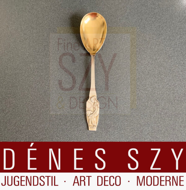 Cucchiaione da servire epoca Art Nouveau, Design: Adolph Amberg 1900, Serie Wagner con motivi delle saghe, opere di Richard Wagner, Esecuzione: Peter Bruckmann e figli Silberwarenfabrik, Heilbronn, Germania, argento 800, expo mondiale 1900