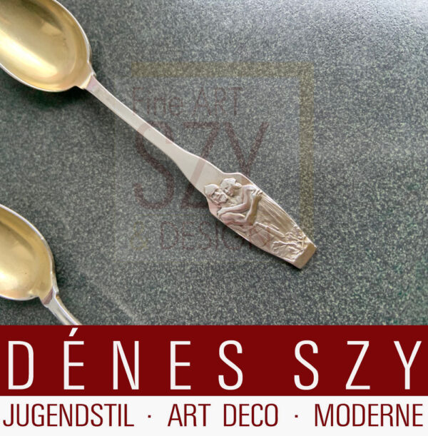 Cucchiaino da caffè, posate, Art Nouveau, Design: Adolf Amberg 1900, Motivo: Siegmund e Sieglinde, Serie Wagner, Esecuzione: Peter Bruckmann Heilbronn, Germania, Argento 800