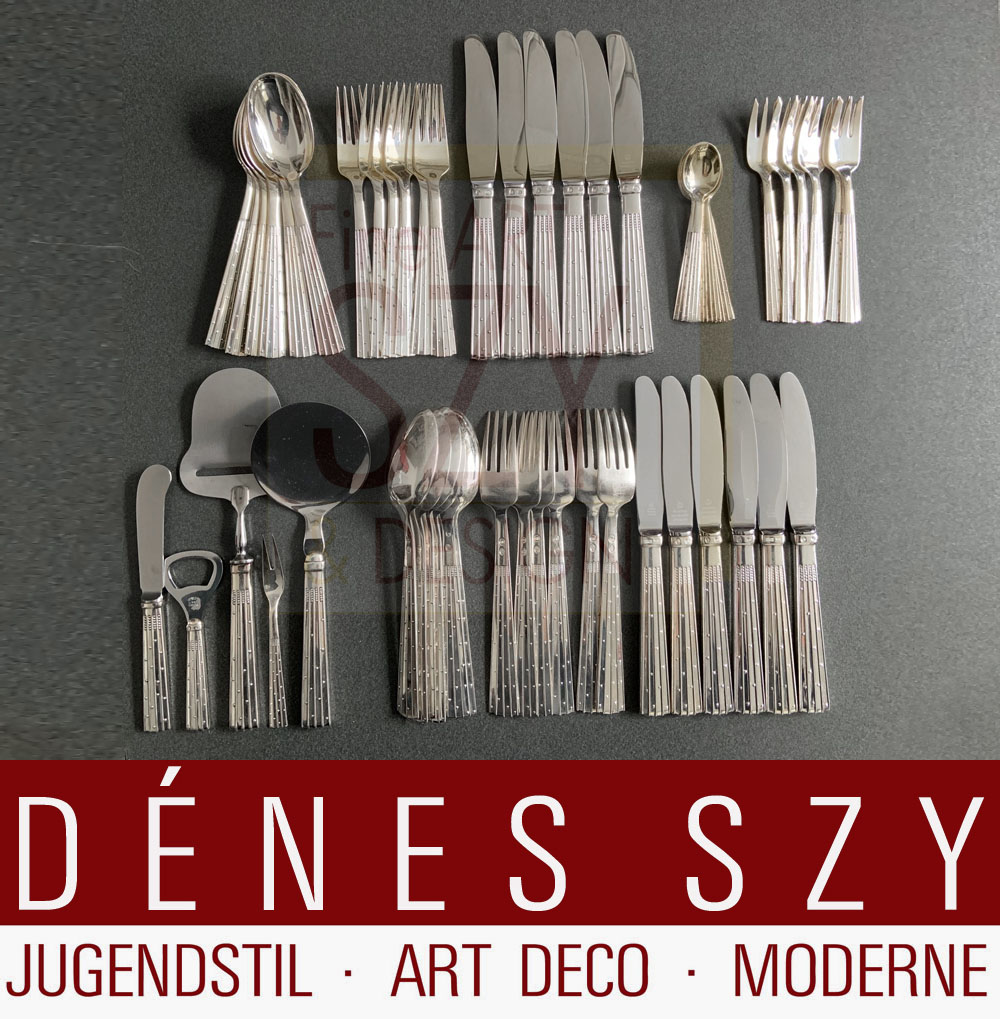 Mid-Century modern posate d'argento per 6 persone con posate da servire, Modello: champagne, Progetto: Jens H. Quistgaard IHQ 1947, Esecuzione: O. V. Mogensen, Danimarca circa 1950, Argento sterling