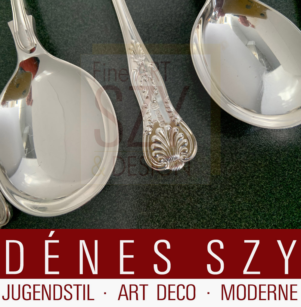 Sei cucchiai da brodo rotondi, modello King, Esecuzione: Cooper Brothers & Sons Ltd., Sheffield 1971, argento sterling