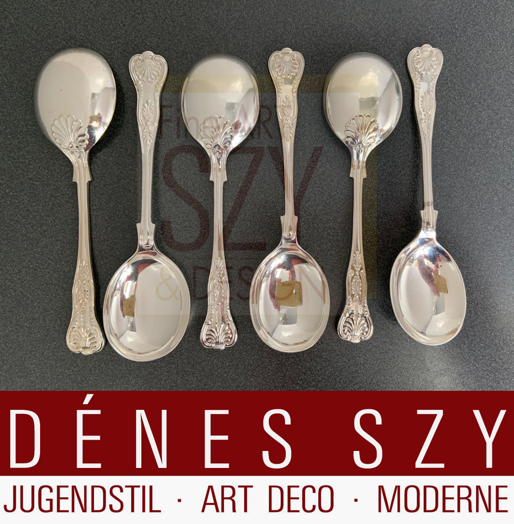 Sei cucchiai da brodo rotondi, modello King, Esecuzione: Cooper Brothers & Sons Ltd., Sheffield 1971, argento sterling