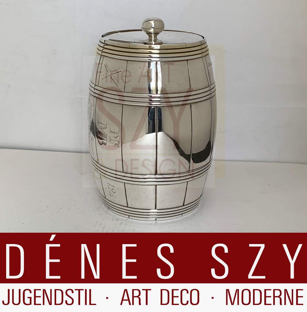 Scatola per tabacco in argento impero, scatola da tè, scatola per biscotti, a forma di botte, all'interno doratura a fuoco, Thomas Richards, Londra 1806, Inghilterra, argento sterling 925