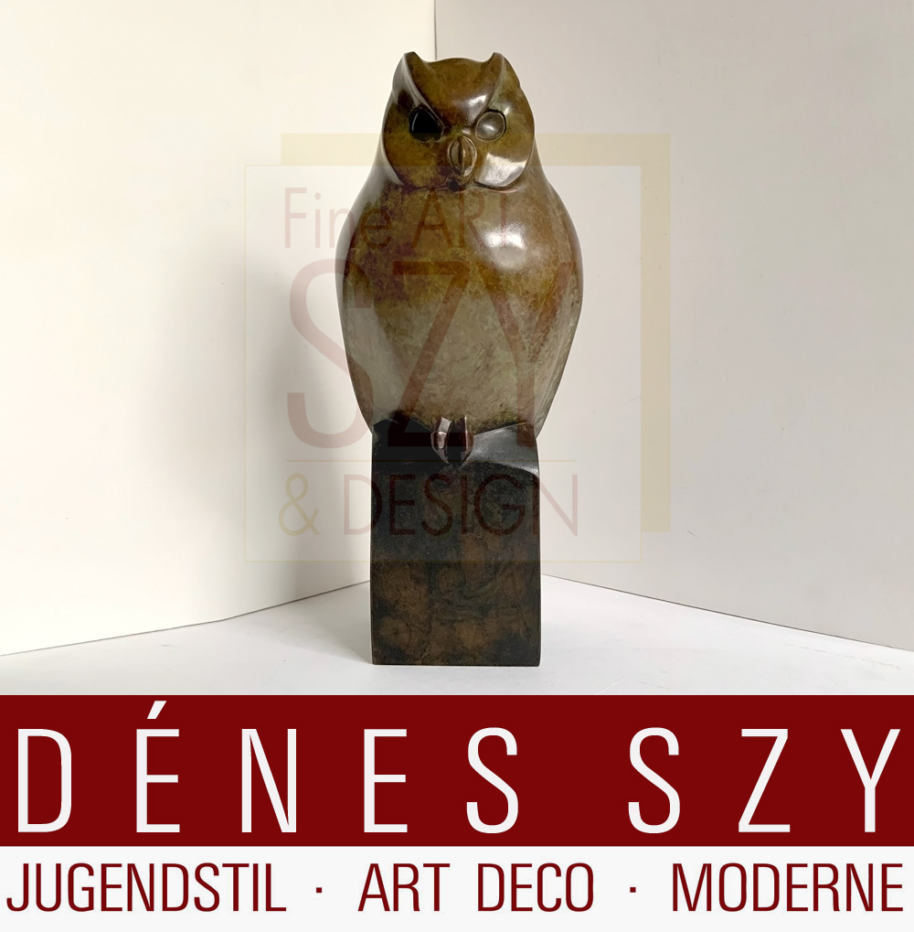 Gufo, Chouette, le petit duc, bronzo su base, Design: Francois Galoyer (nato nel 1944), Esecuzione: timbro fonderia CAI, Ciselure d'Art d'Ile de France, Francia XX secolo, Copia 1/8