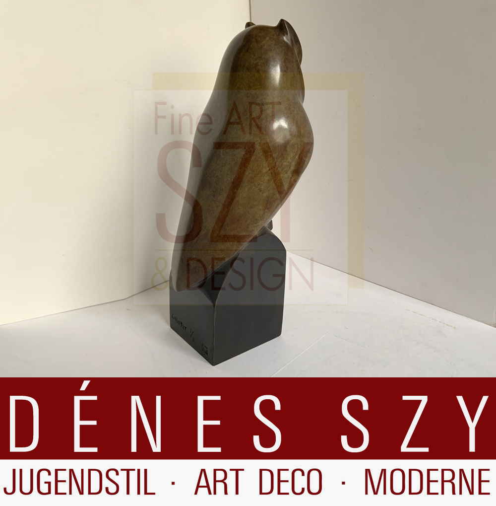 Gufo, Chouette, le petit duc, bronzo su base, Design: Francois Galoyer (nato nel 1944), Esecuzione: timbro fonderia CAI, Ciselure d'Art d'Ile de France, Francia XX secolo, Copia 1/8