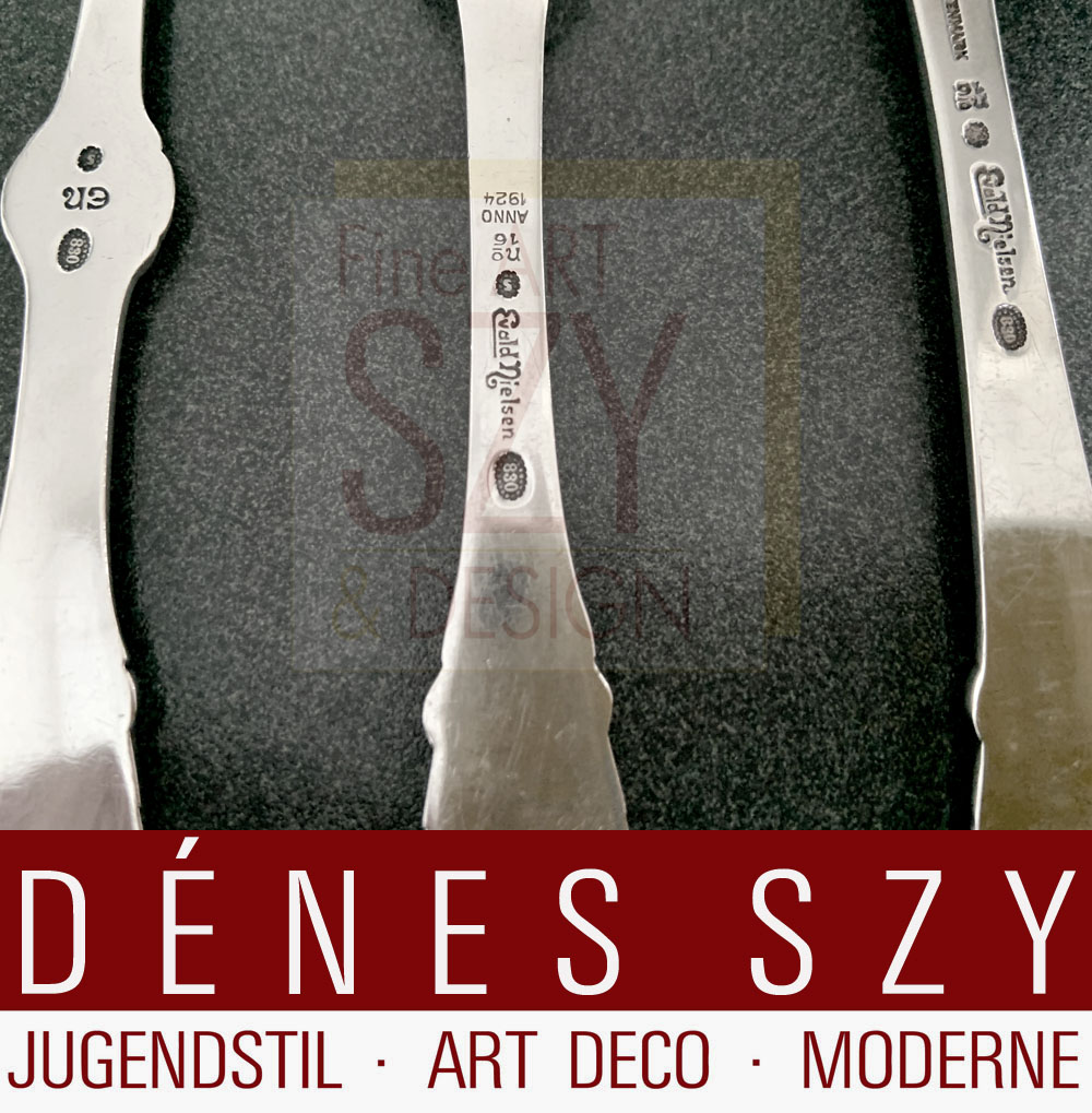 Posate in argento Art Nouveau, modello n. 16 (giglio), Arvesolv, Design ed esecuzione: Evald Nielsen, Copenaghen 1920s, Danimarca, argento 830