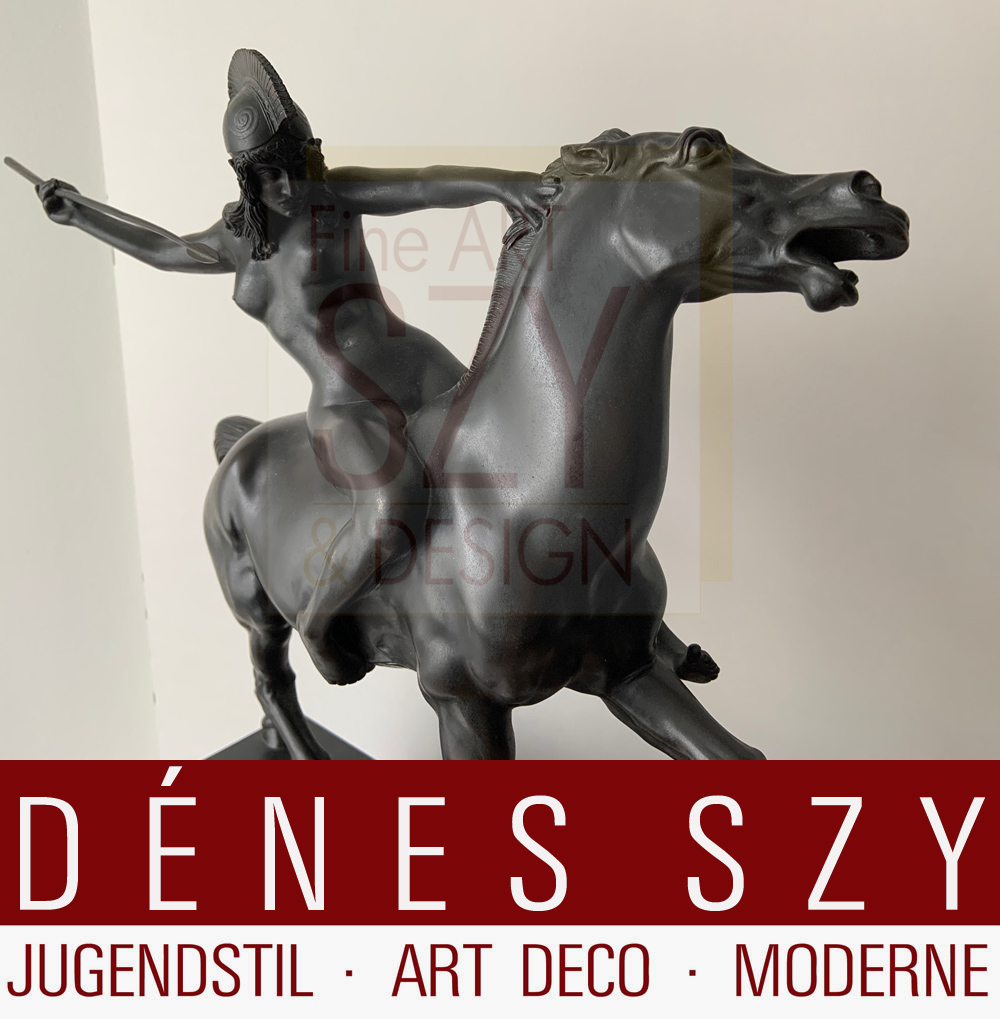 Amazzone a cavallo, bronzo, Design: Franz von Stuck 1897, Esecuzione: Cosmas Leyrer, Monaco di Baviera Germania dopo il 1905, bronzo a patina nera